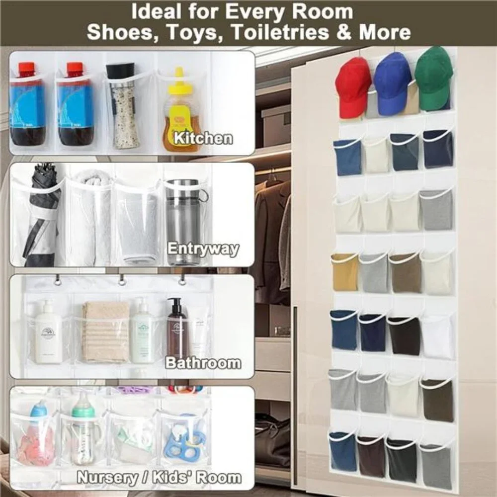 Over Door Shoe Organizer 24 Pocket Clear Hanging Storage Closet White